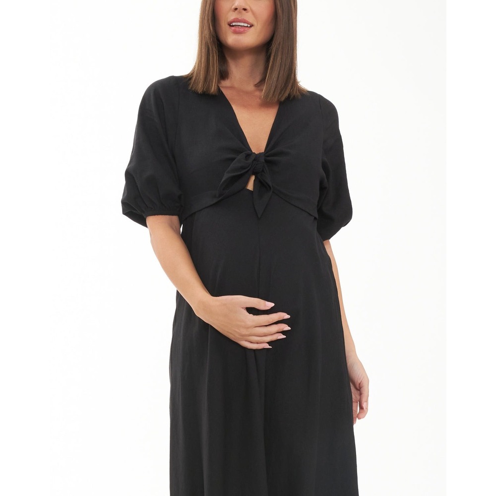 Ripe Maternity Camille Dress – Black Knot Front Empire Waist Midi – Size Medium - Picture 8 of 11